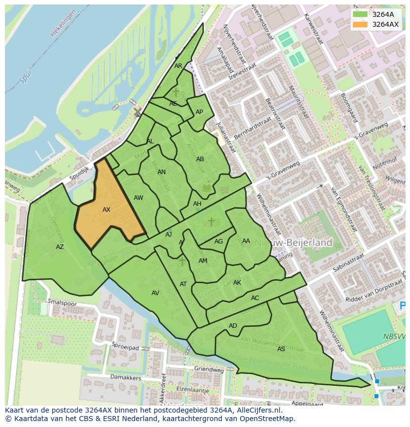 Afbeelding van het postcodegebied 3264 AX op de kaart.