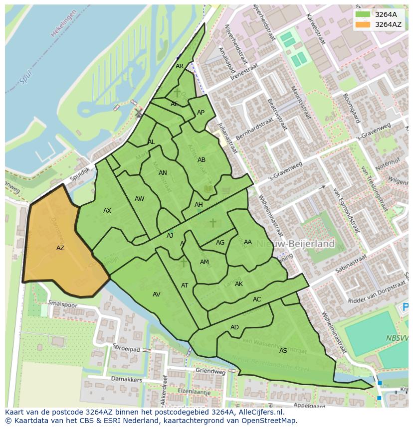 Afbeelding van het postcodegebied 3264 AZ op de kaart.