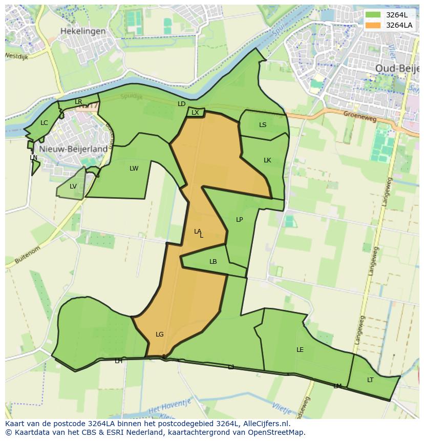 Afbeelding van het postcodegebied 3264 LA op de kaart.