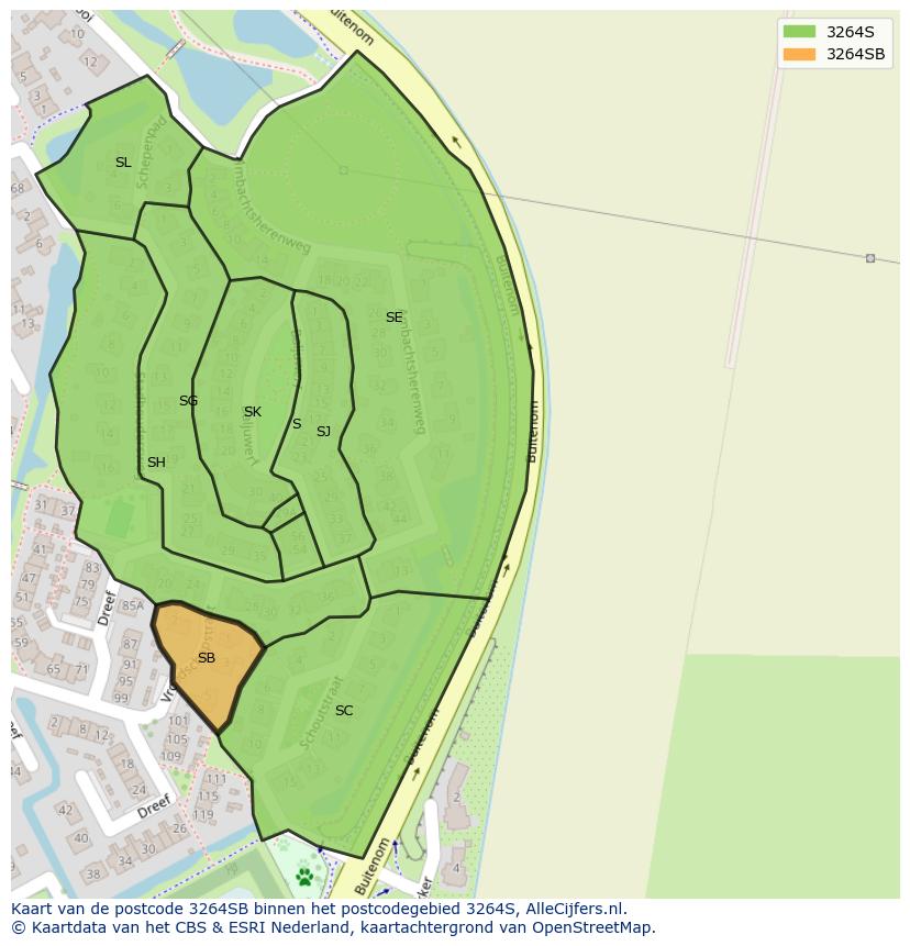 Afbeelding van het postcodegebied 3264 SB op de kaart.