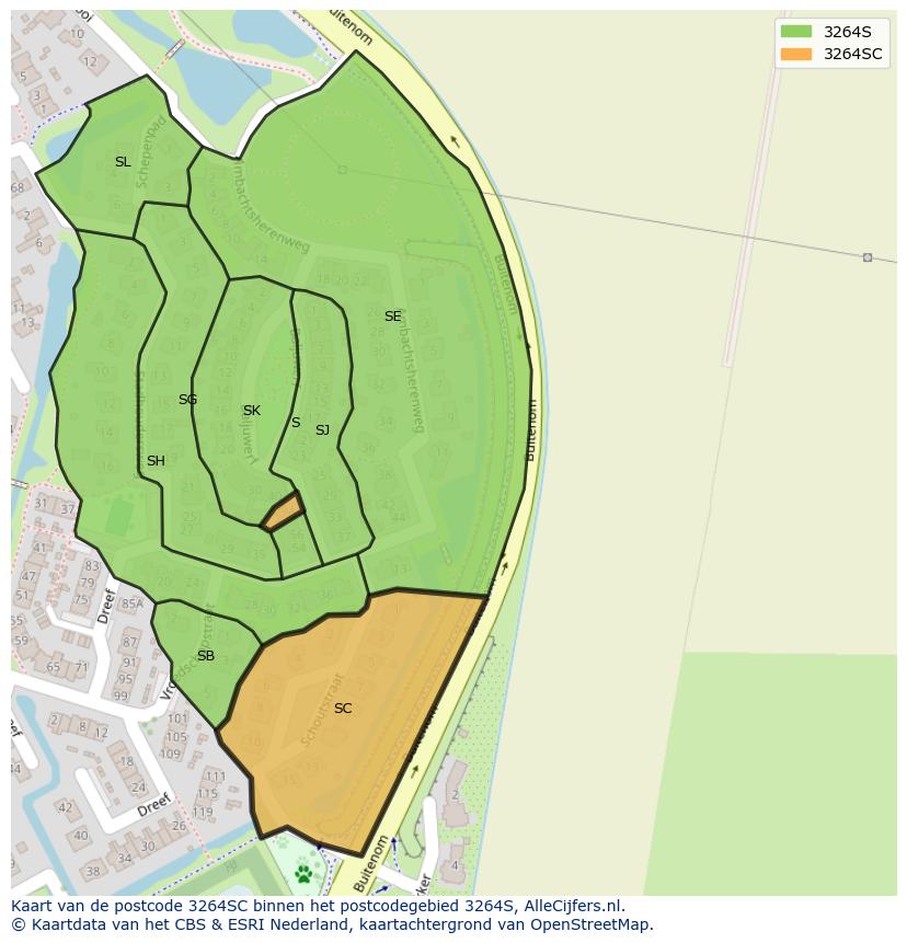 Afbeelding van het postcodegebied 3264 SC op de kaart.