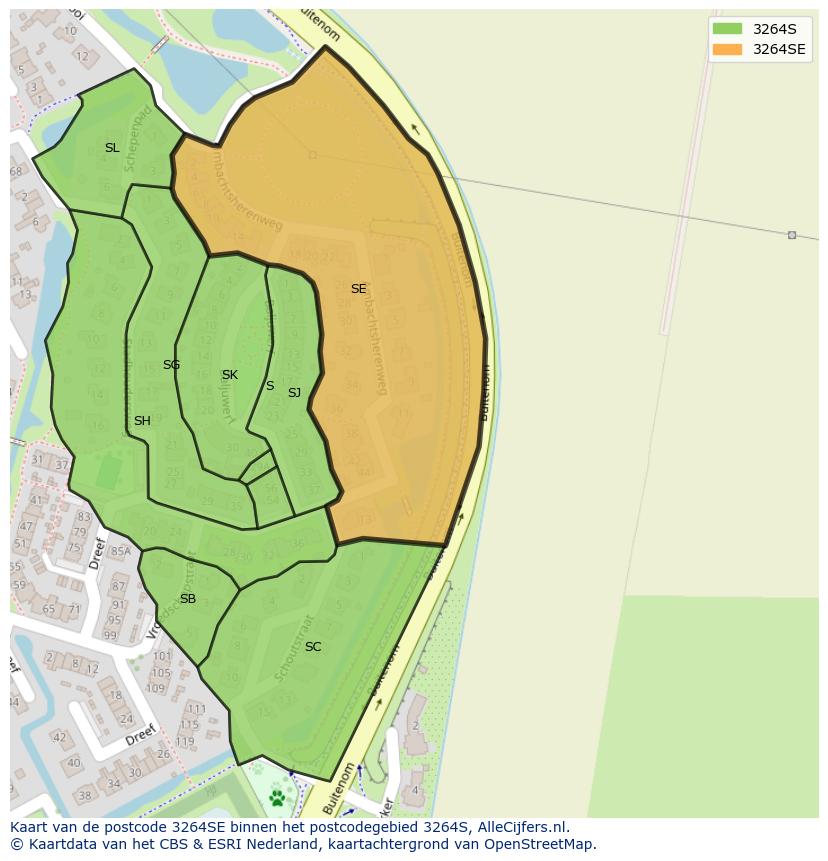 Afbeelding van het postcodegebied 3264 SE op de kaart.