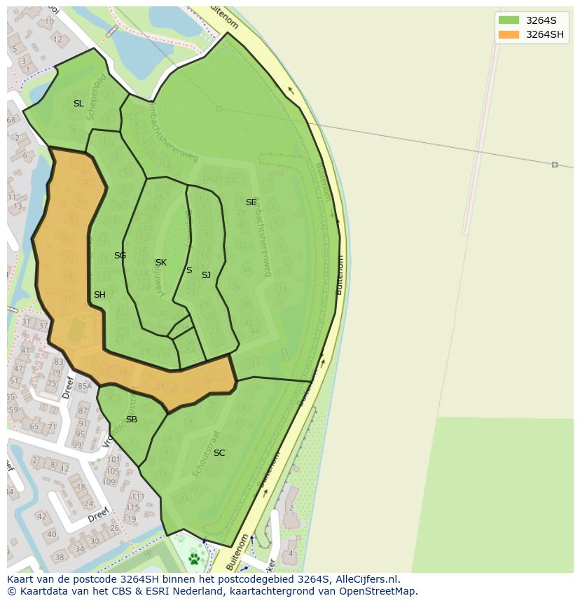Afbeelding van het postcodegebied 3264 SH op de kaart.