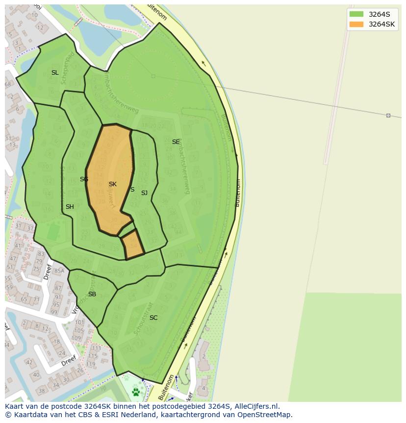 Afbeelding van het postcodegebied 3264 SK op de kaart.