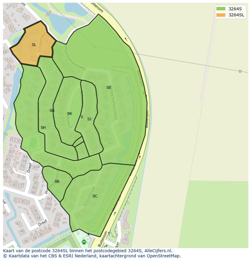 Afbeelding van het postcodegebied 3264 SL op de kaart.