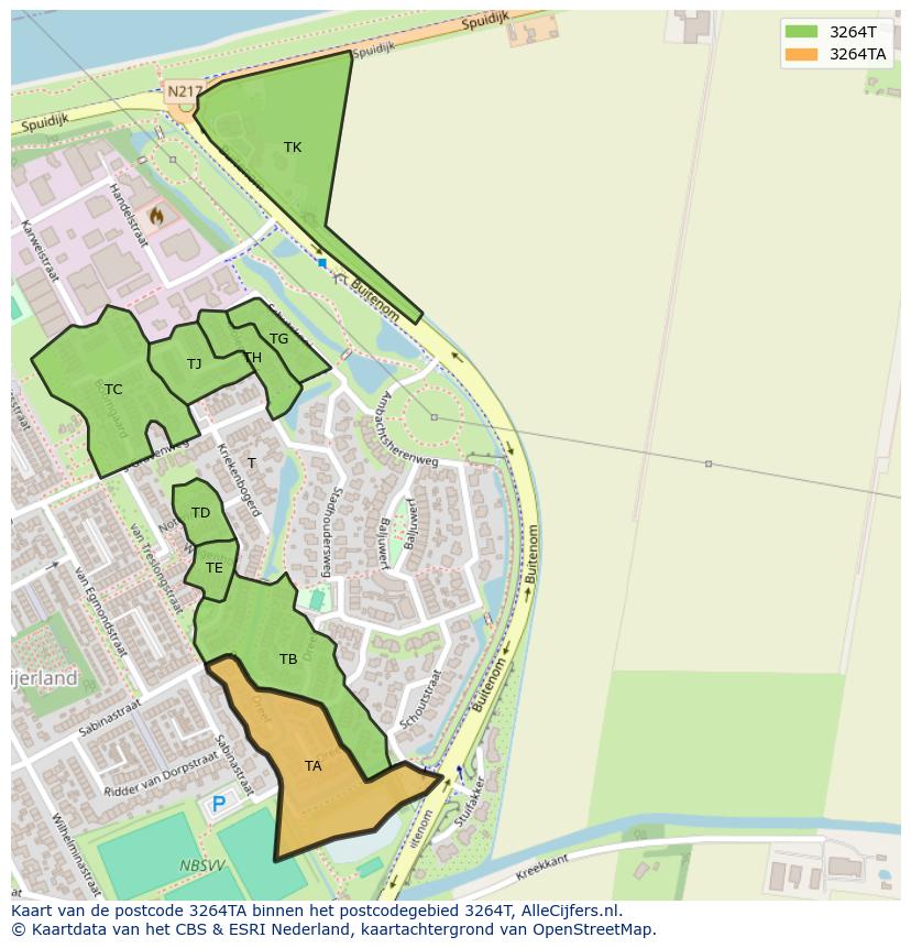 Afbeelding van het postcodegebied 3264 TA op de kaart.