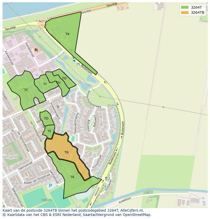 Afbeelding van het postcodegebied 3264 TB op de kaart.