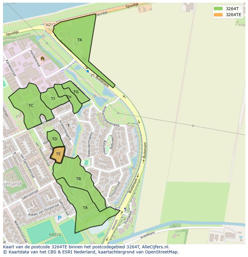 Afbeelding van het postcodegebied 3264 TE op de kaart.