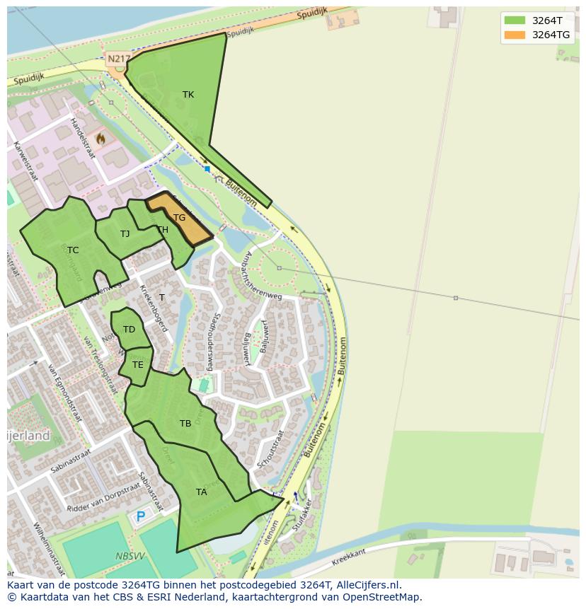 Afbeelding van het postcodegebied 3264 TG op de kaart.
