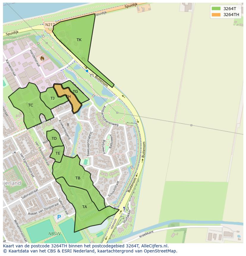 Afbeelding van het postcodegebied 3264 TH op de kaart.