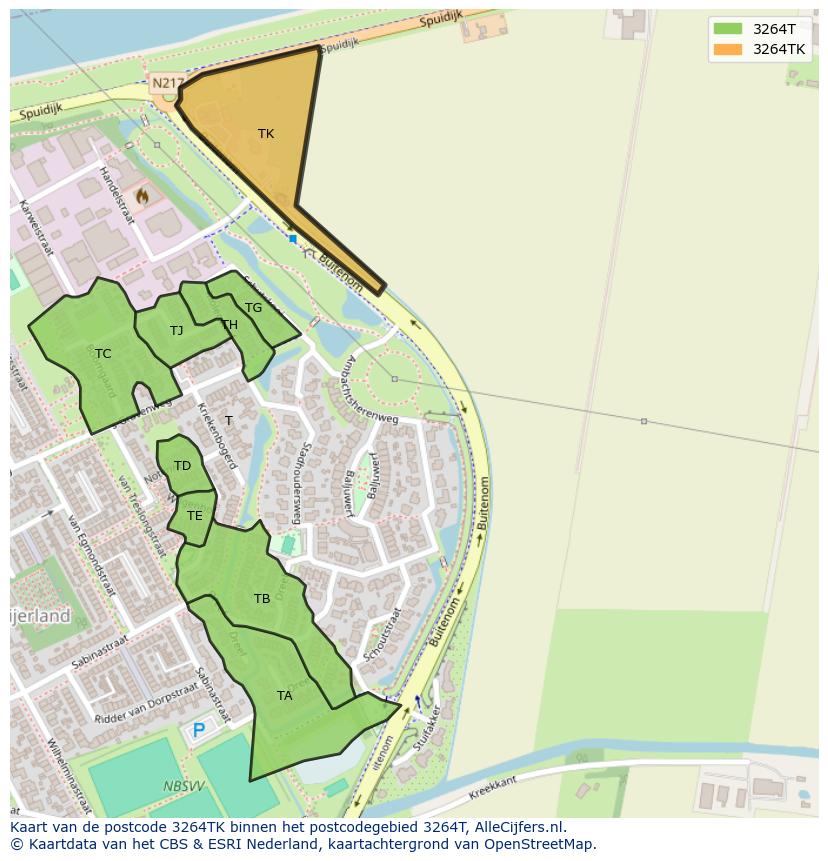 Afbeelding van het postcodegebied 3264 TK op de kaart.