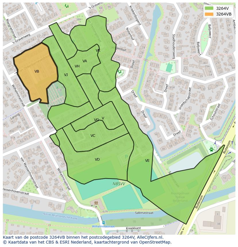 Afbeelding van het postcodegebied 3264 VB op de kaart.