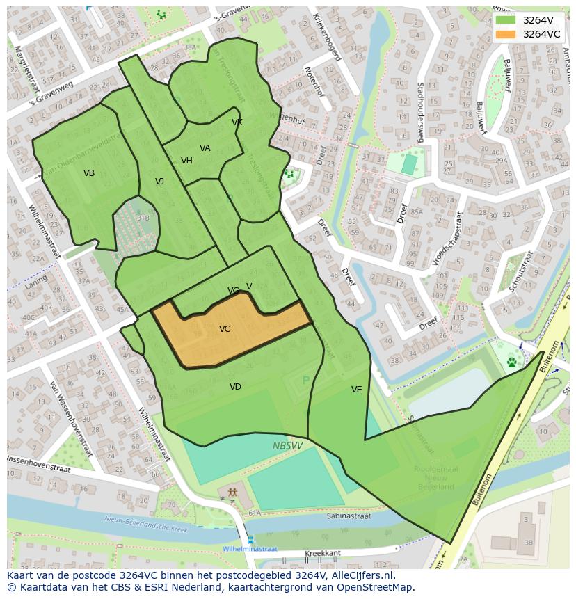 Afbeelding van het postcodegebied 3264 VC op de kaart.