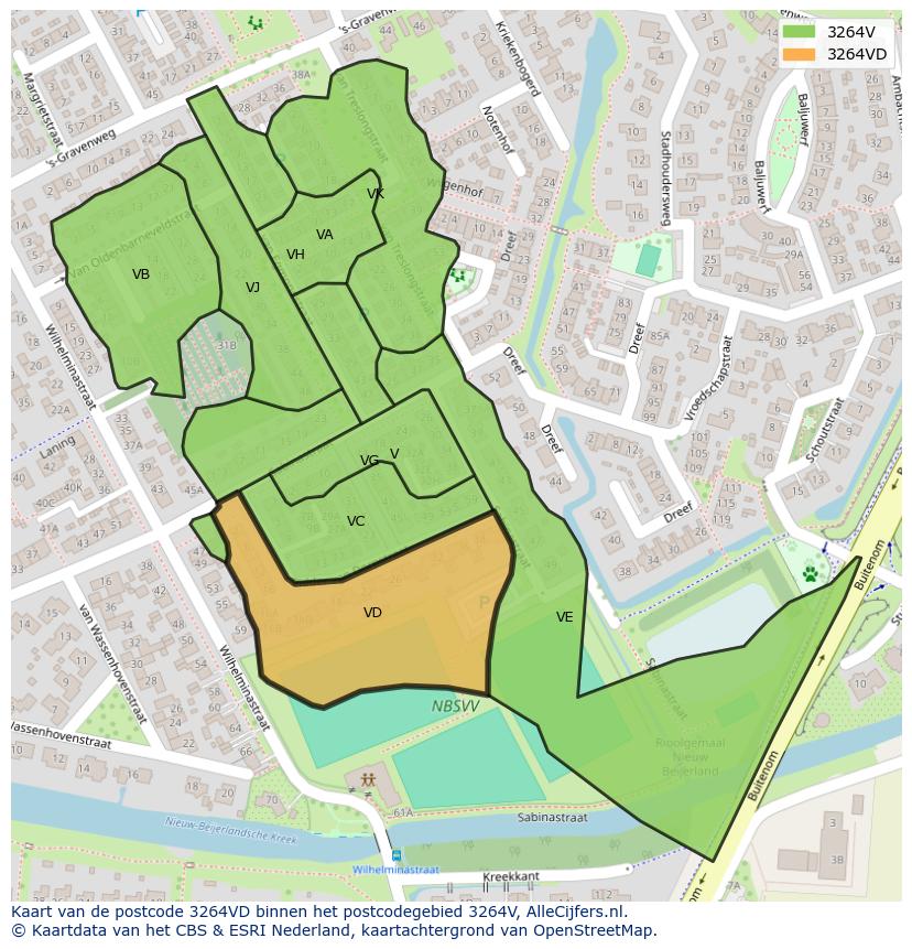 Afbeelding van het postcodegebied 3264 VD op de kaart.