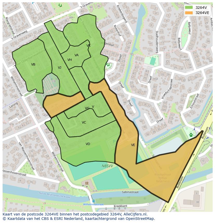 Afbeelding van het postcodegebied 3264 VE op de kaart.