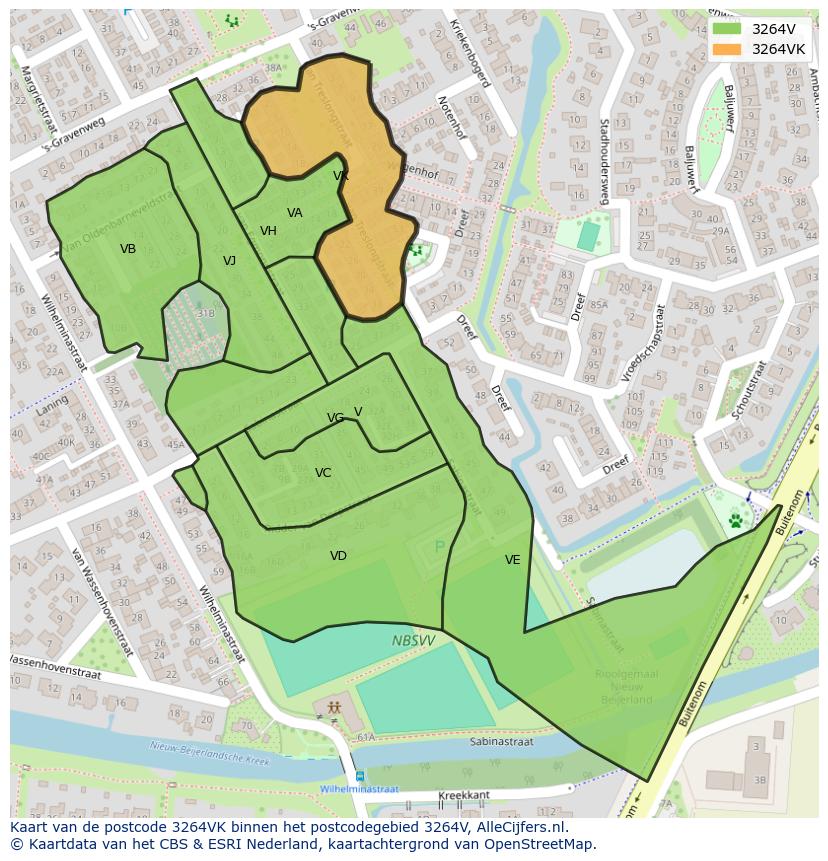 Afbeelding van het postcodegebied 3264 VK op de kaart.
