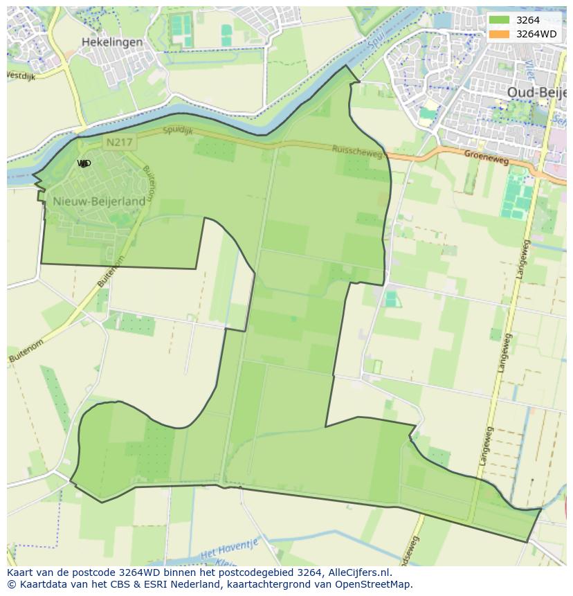 Afbeelding van het postcodegebied 3264 WD op de kaart.