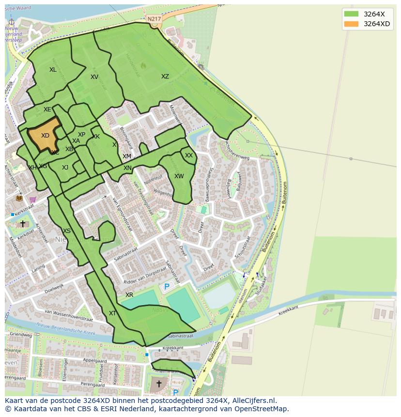 Afbeelding van het postcodegebied 3264 XD op de kaart.