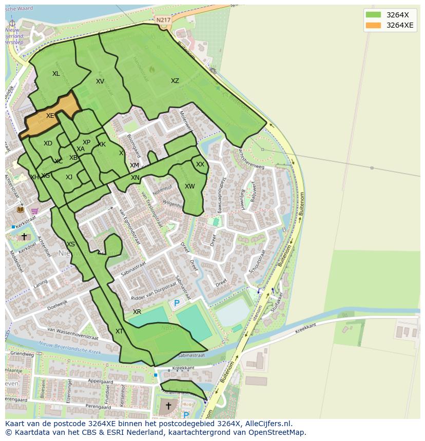 Afbeelding van het postcodegebied 3264 XE op de kaart.