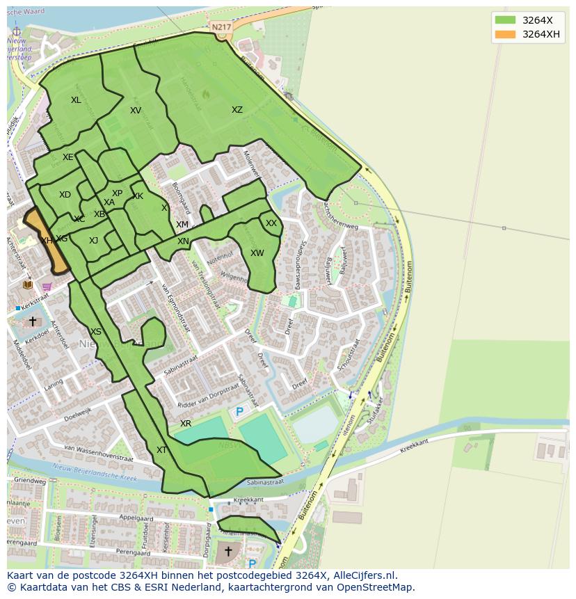 Afbeelding van het postcodegebied 3264 XH op de kaart.