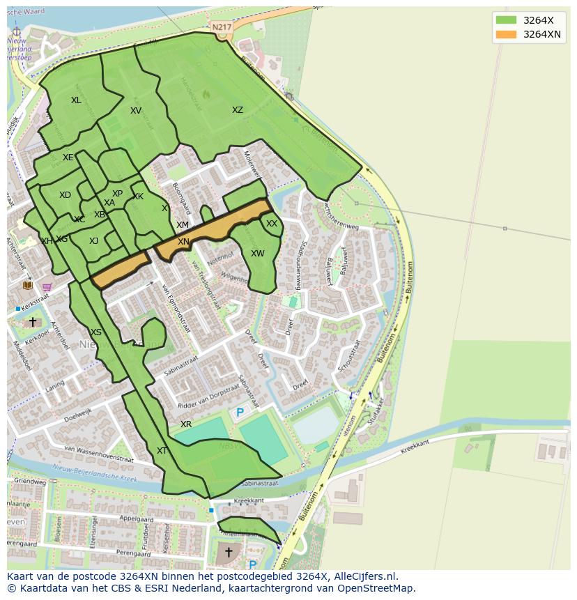 Afbeelding van het postcodegebied 3264 XN op de kaart.