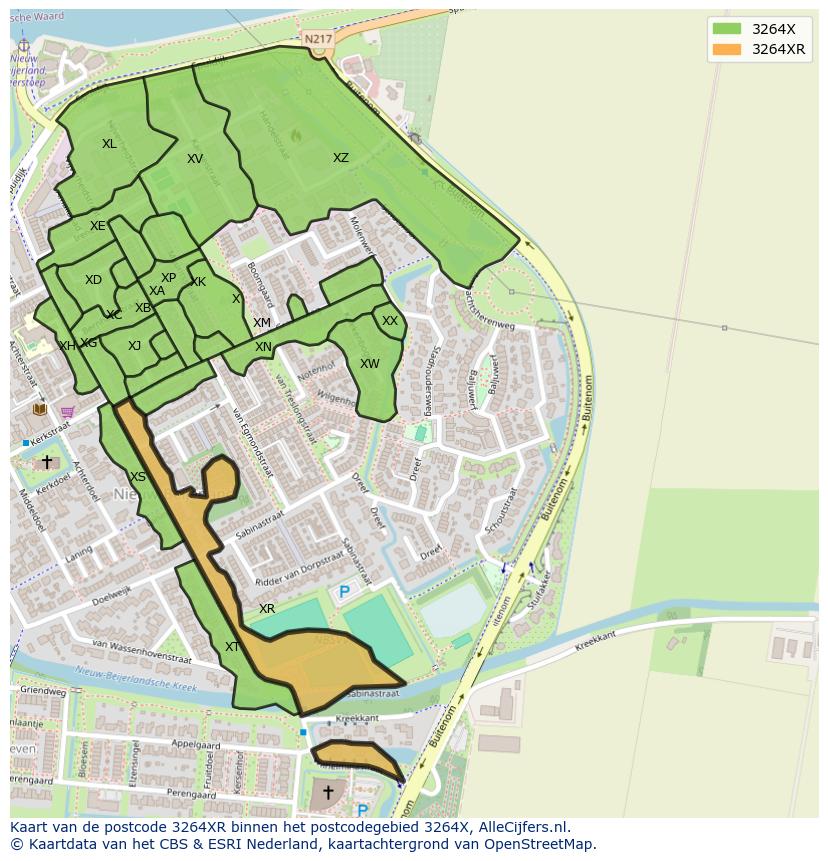 Afbeelding van het postcodegebied 3264 XR op de kaart.