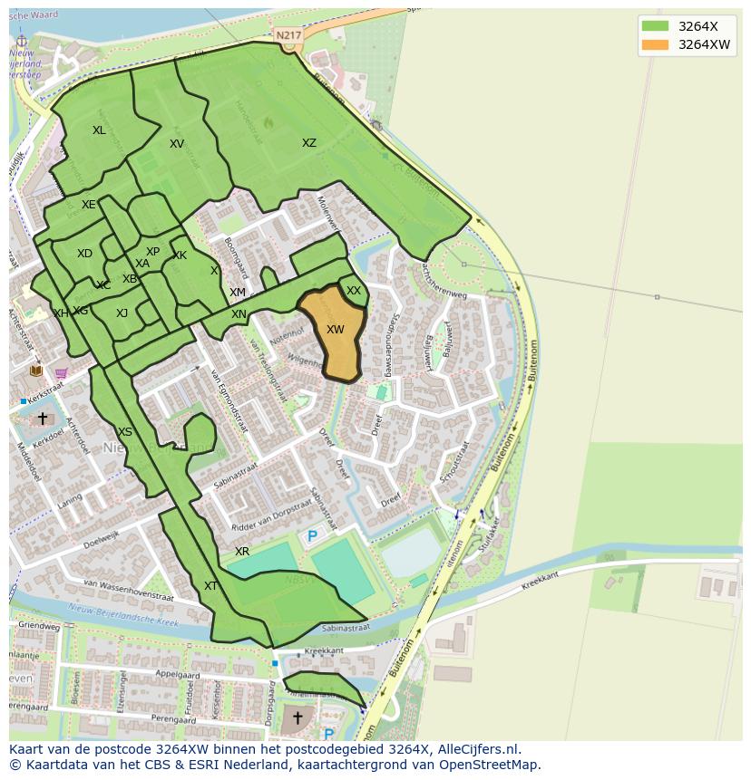 Afbeelding van het postcodegebied 3264 XW op de kaart.