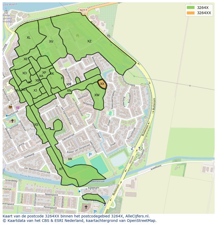 Afbeelding van het postcodegebied 3264 XX op de kaart.