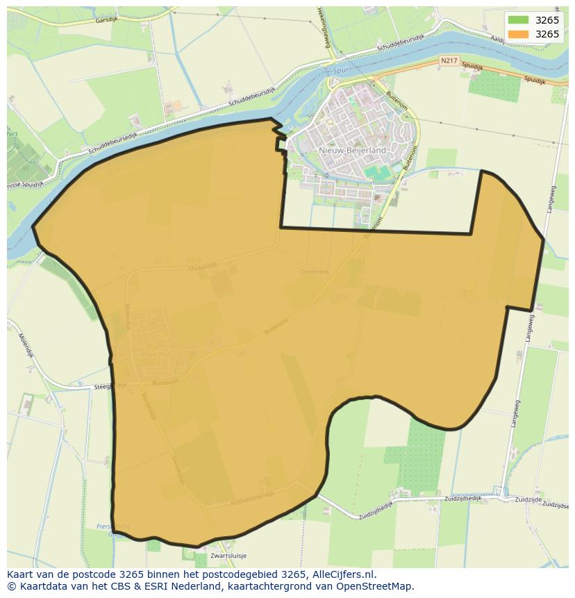 Afbeelding van het postcodegebied 3265 op de kaart.