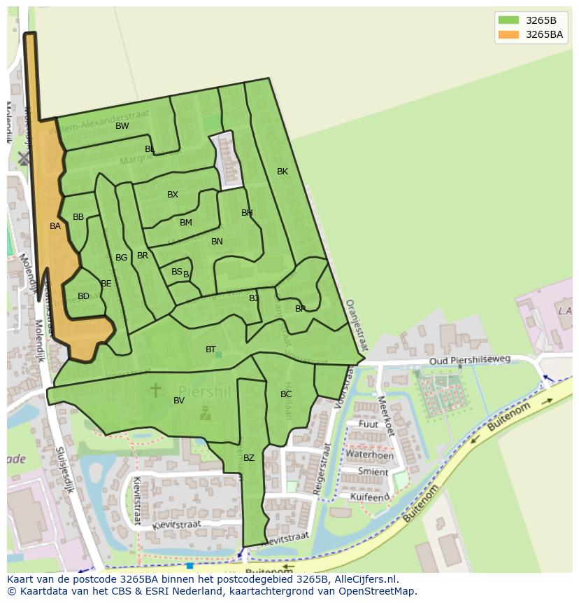 Afbeelding van het postcodegebied 3265 BA op de kaart.