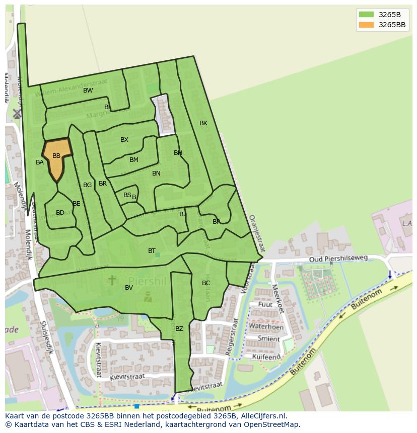 Afbeelding van het postcodegebied 3265 BB op de kaart.