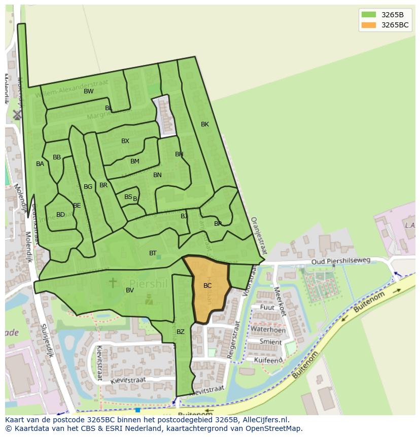 Afbeelding van het postcodegebied 3265 BC op de kaart.