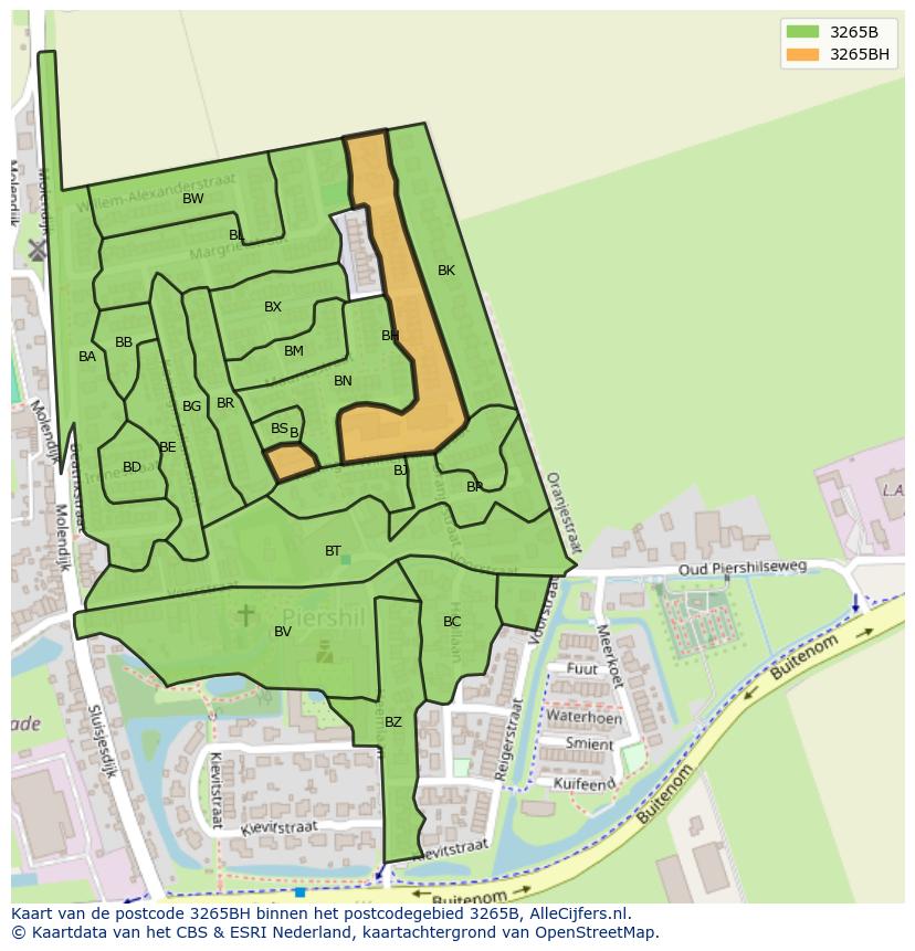 Afbeelding van het postcodegebied 3265 BH op de kaart.