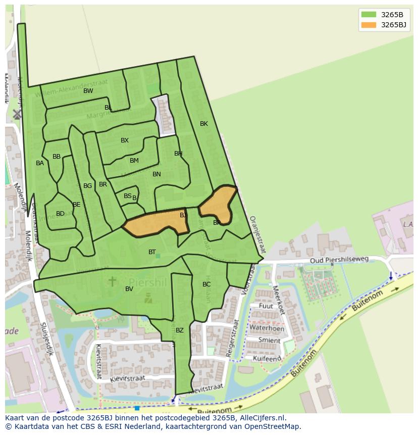 Afbeelding van het postcodegebied 3265 BJ op de kaart.