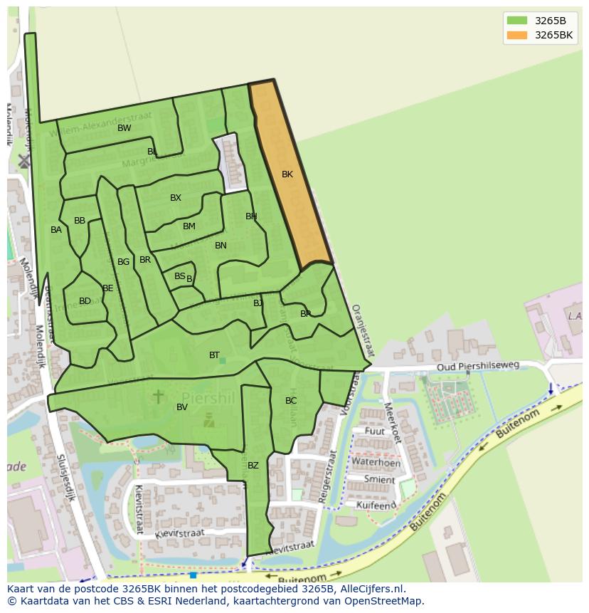 Afbeelding van het postcodegebied 3265 BK op de kaart.