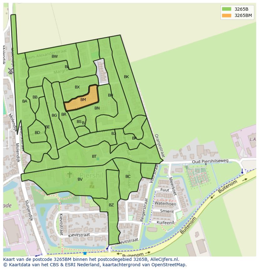 Afbeelding van het postcodegebied 3265 BM op de kaart.
