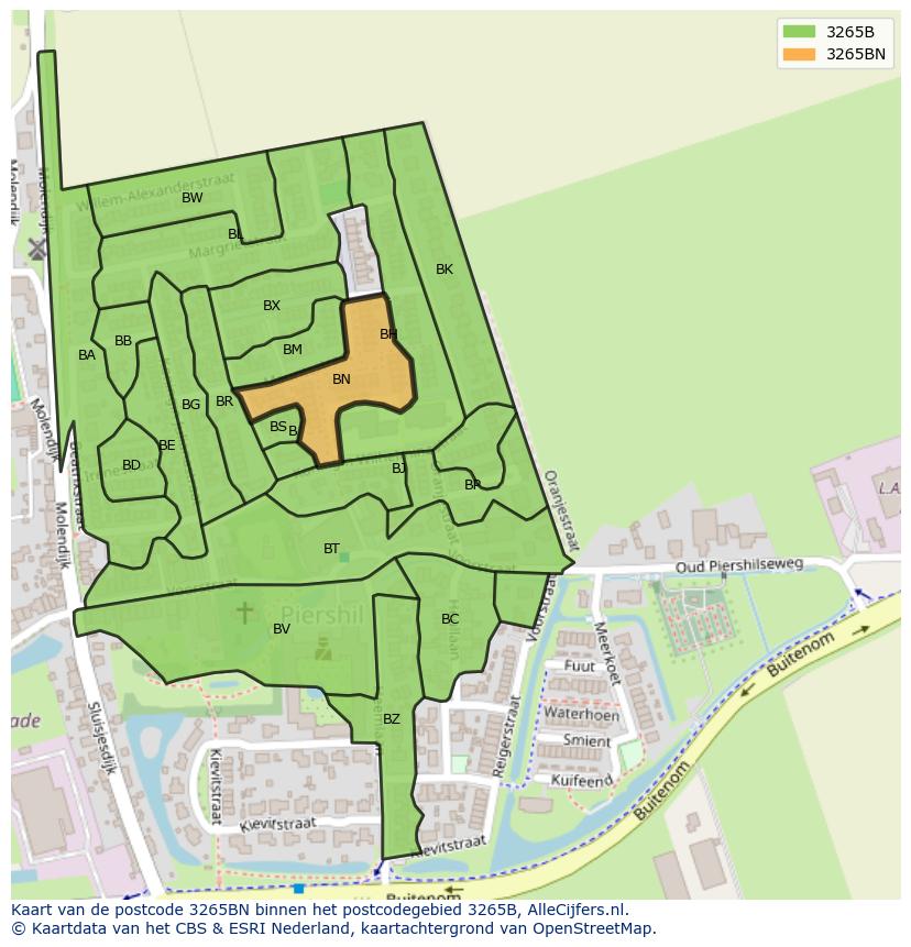Afbeelding van het postcodegebied 3265 BN op de kaart.