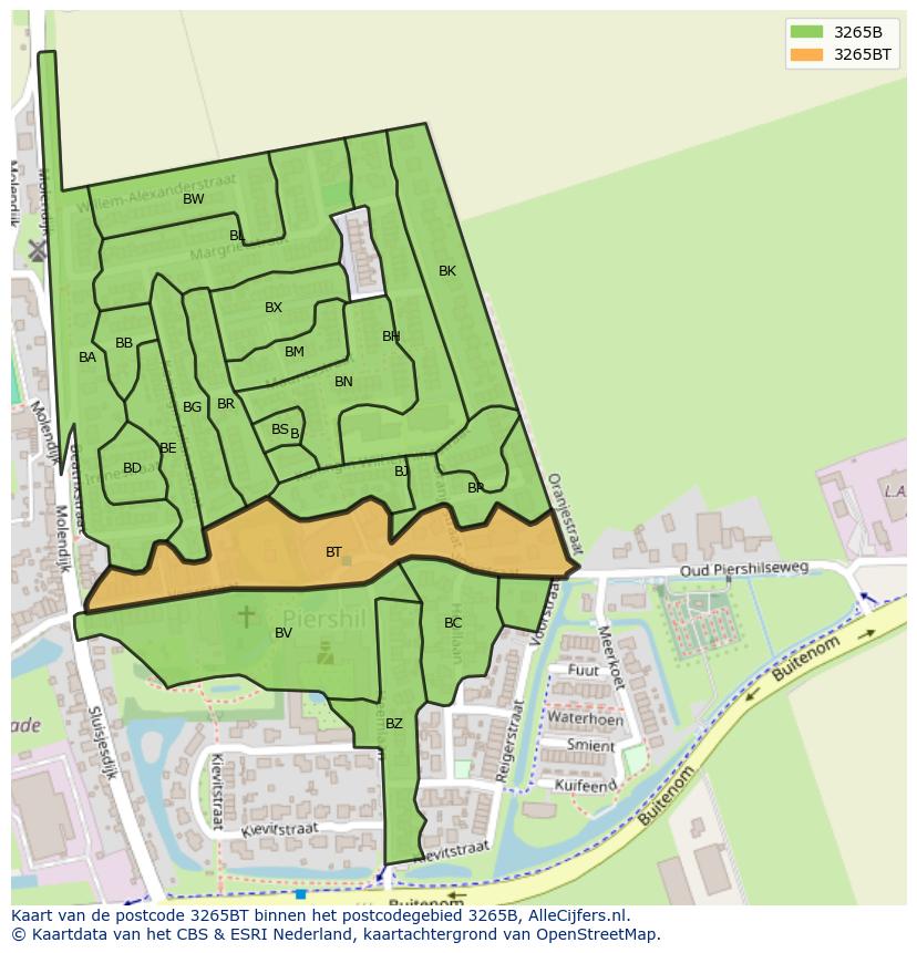 Afbeelding van het postcodegebied 3265 BT op de kaart.