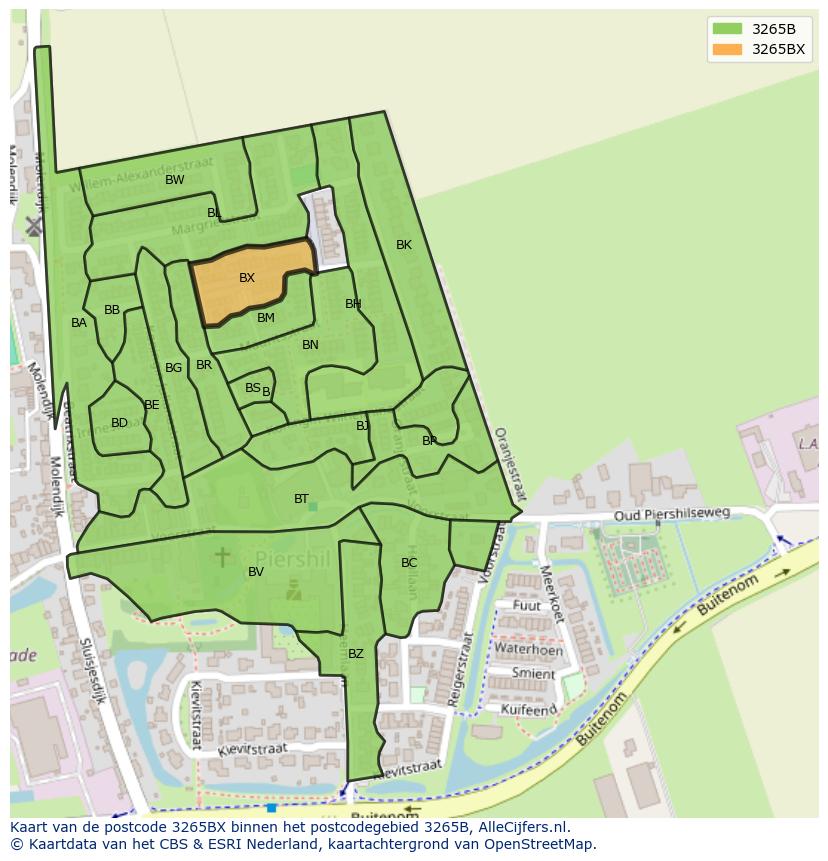 Afbeelding van het postcodegebied 3265 BX op de kaart.
