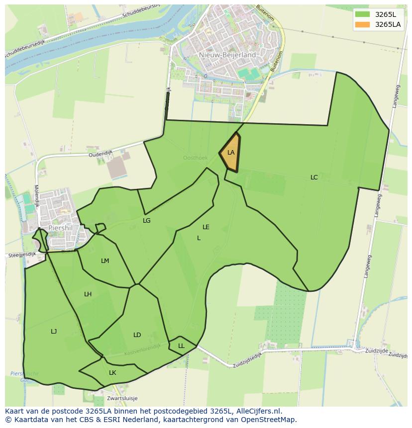 Afbeelding van het postcodegebied 3265 LA op de kaart.