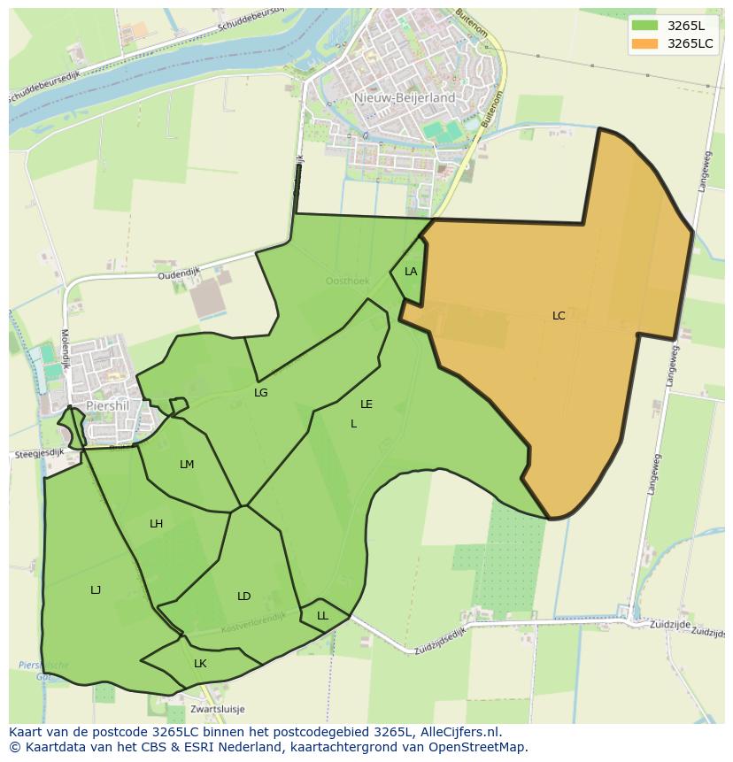 Afbeelding van het postcodegebied 3265 LC op de kaart.
