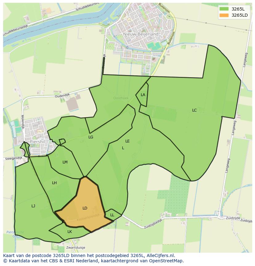 Afbeelding van het postcodegebied 3265 LD op de kaart.