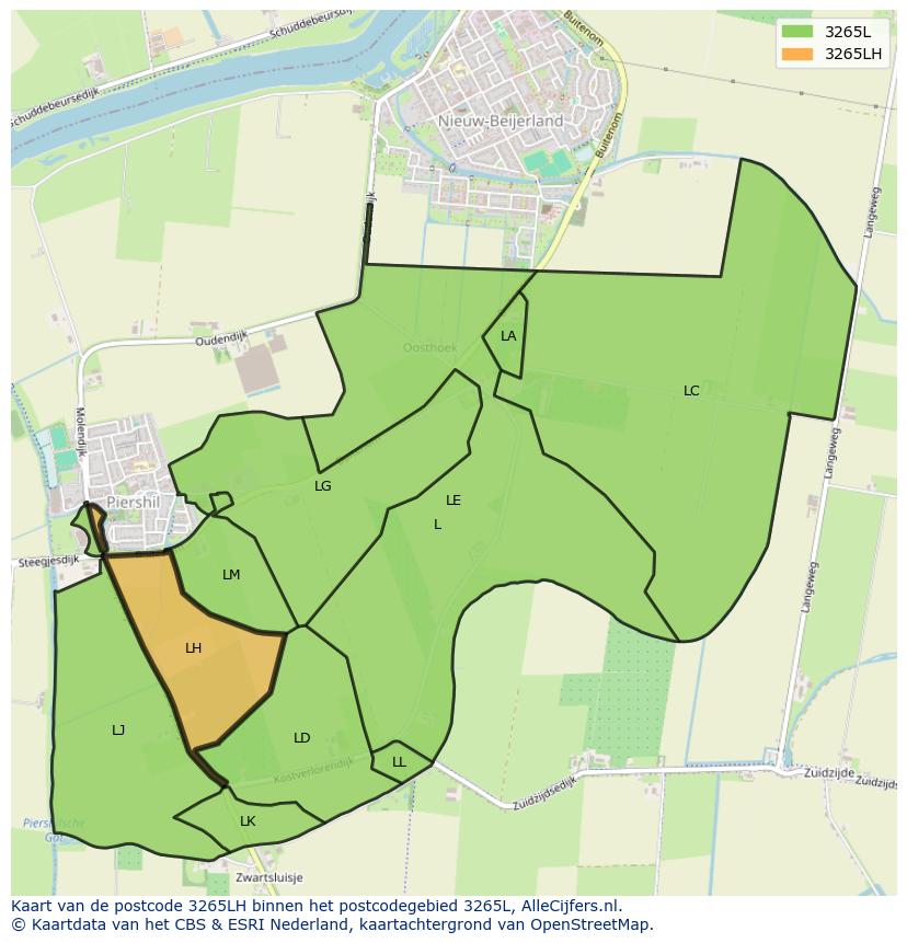 Afbeelding van het postcodegebied 3265 LH op de kaart.
