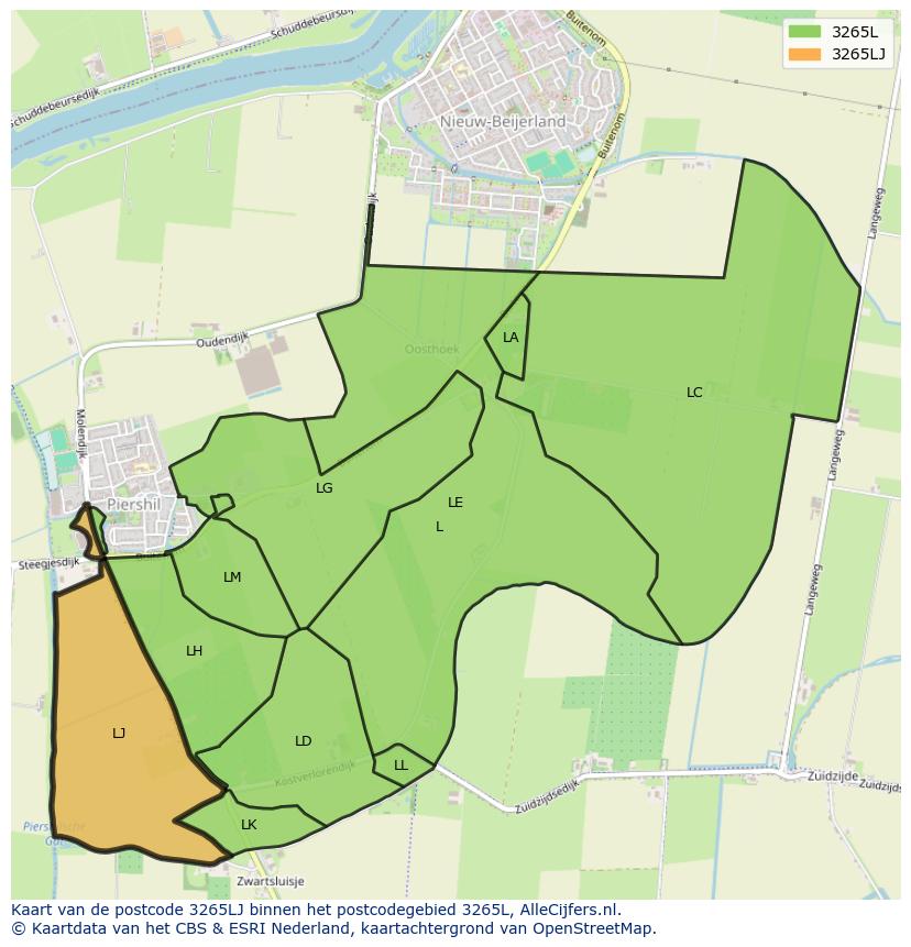 Afbeelding van het postcodegebied 3265 LJ op de kaart.