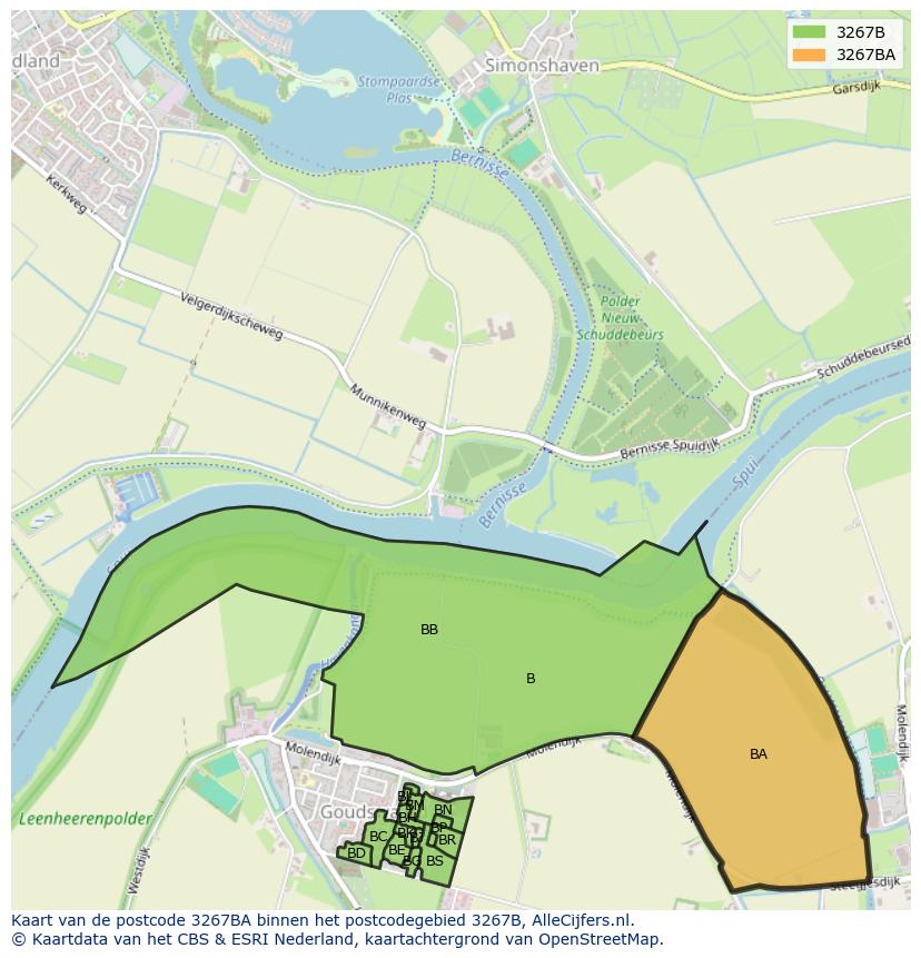 Afbeelding van het postcodegebied 3267 BA op de kaart.