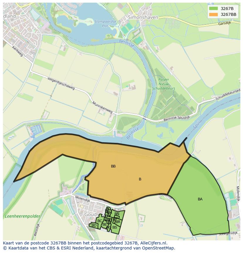Afbeelding van het postcodegebied 3267 BB op de kaart.
