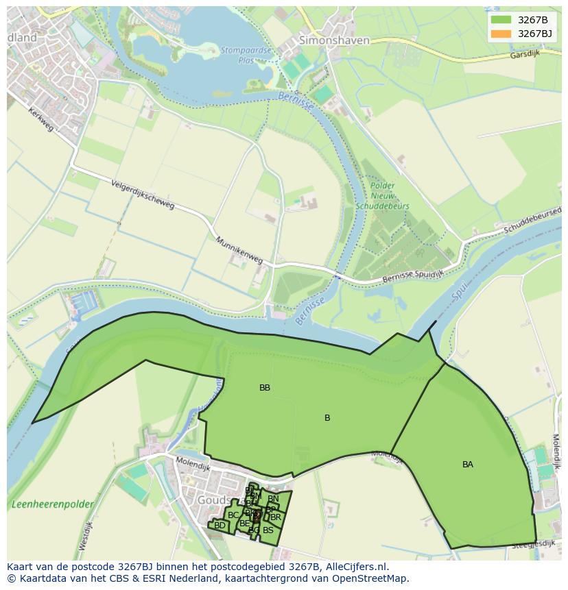 Afbeelding van het postcodegebied 3267 BJ op de kaart.