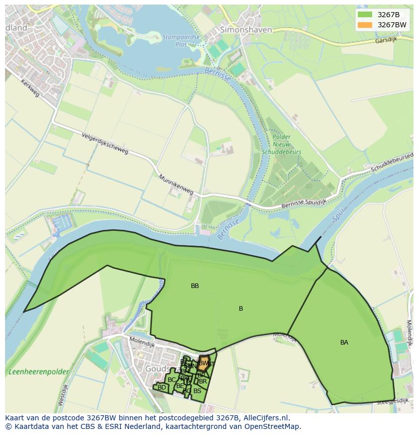 Afbeelding van het postcodegebied 3267 BW op de kaart.