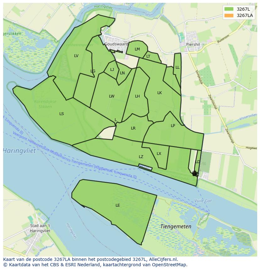 Afbeelding van het postcodegebied 3267 LA op de kaart.