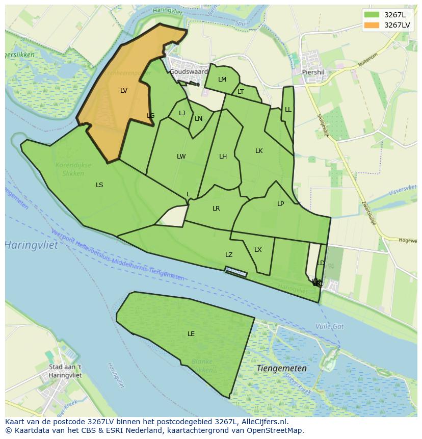 Afbeelding van het postcodegebied 3267 LV op de kaart.